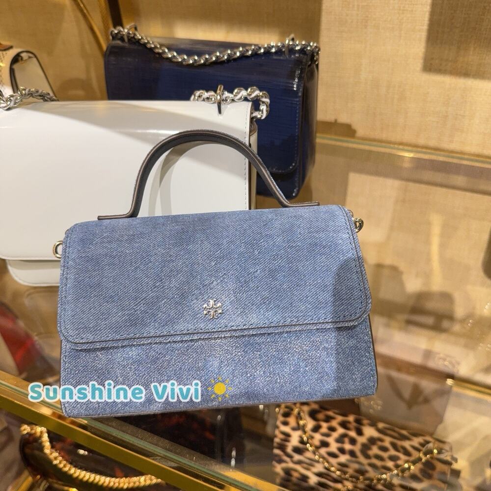 NWT Tory Burch EMERSON Denim Suede Mini Top Handle Dark Denim 175798